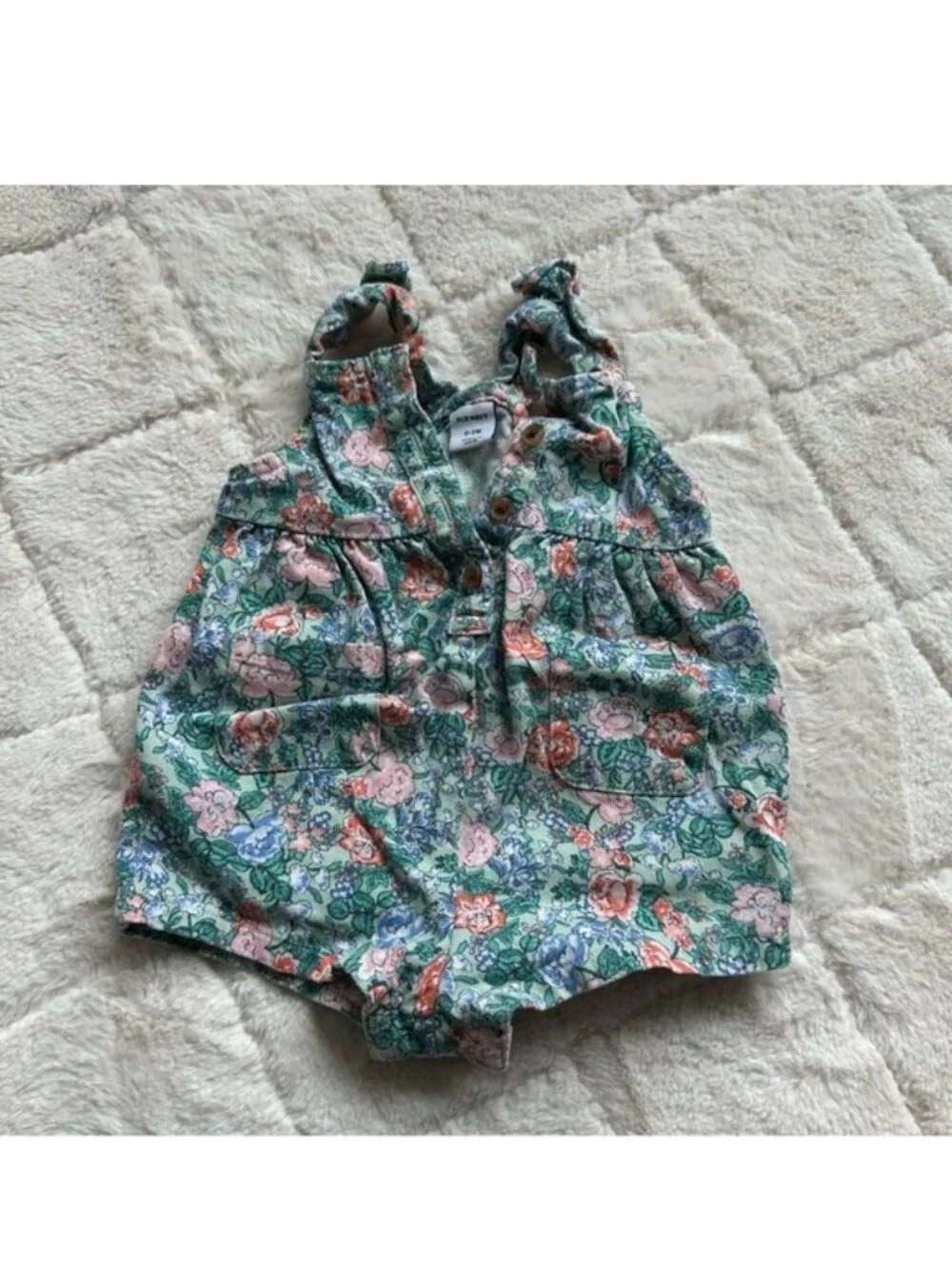 Old Navy | Green and Pink Floral Ruffle Overalls | Size 0-3 Months